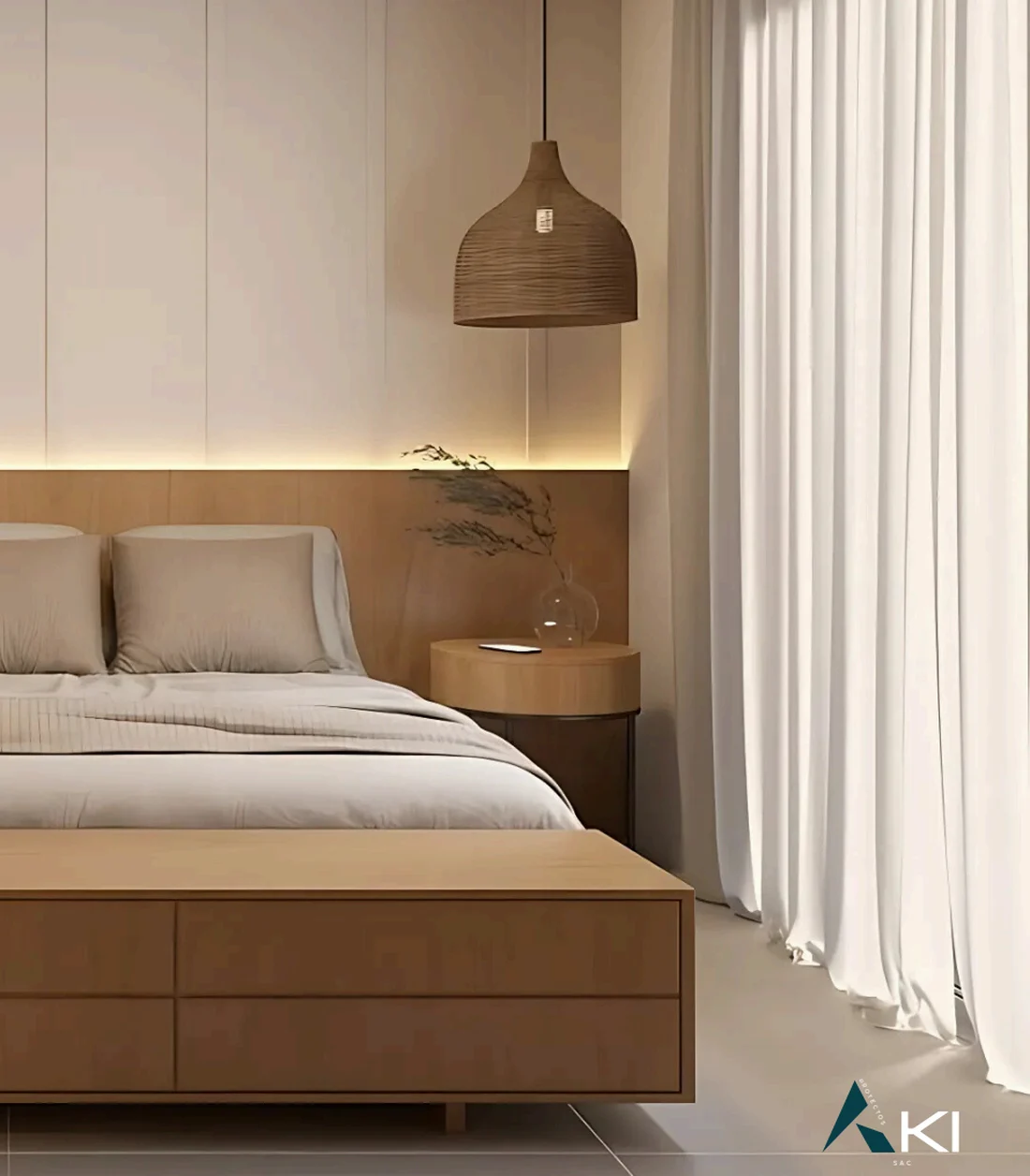 Dormitorio del Edificio AKI con piso de porcelanato.