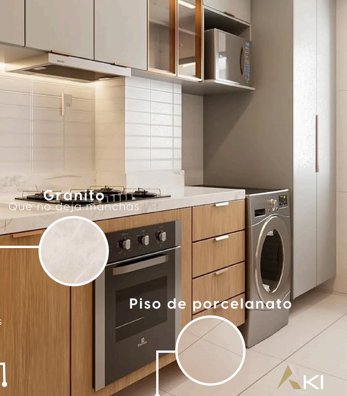 Cocina del Edificio AKI: tablero de granito, piso de porcelanato y muebles de melamine.